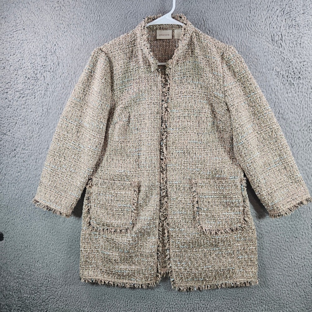 Chicos‎ Tweed Fringe Open Front Jacket Tan Gold Blue Metallic Petite 1P